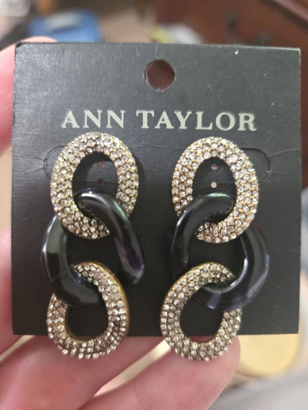 Ann Taylor Black Link Drop Earrings Rhinestone Pave 80s Runway Style Statement